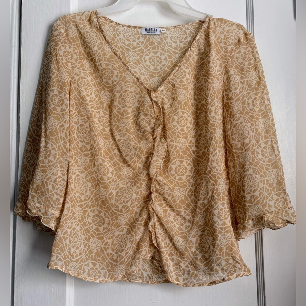Marella Silk V-Neck Ruffled 3/4 Sleeves Women's Top, Size: 6